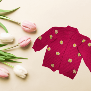 Handmade Pink Crochet Cardigan with Floral Embroidery for Baby Girls (Newborn to 8 Years)
