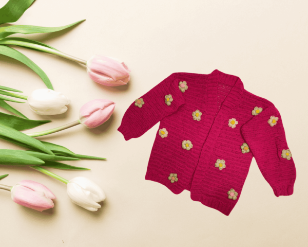 Handmade Pink Crochet Cardigan with Floral Embroidery for Baby Girls (Newborn to 8 Years)