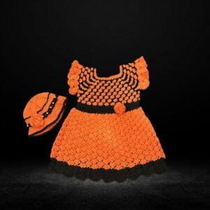 Handmade Crochet Baby Dress with Matching Hat – Orange & Black Floral Design