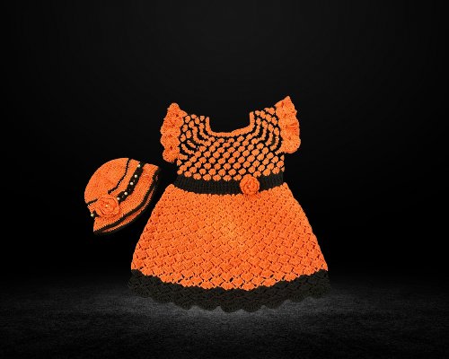 Handmade Crochet Baby Dress with Matching Hat – Orange & Black Floral Design