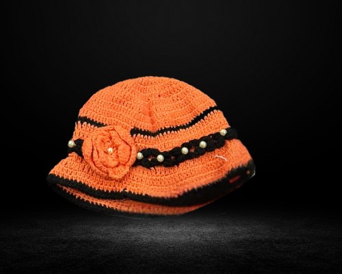 Handmade Crochet Baby Dress with Matching Hat – Orange & Black Floral Design - Image 2