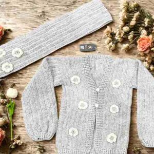 Handmade Grey Knitted Women’s Cardigan & Muffler Set with Floral Embroidery