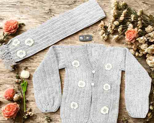 Handmade Grey Knitted Women’s Cardigan & Muffler Set with Floral Embroidery