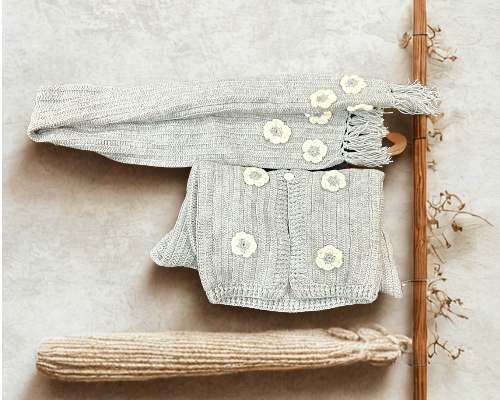 Handmade Grey Knitted Women’s Cardigan & Muffler Set with Floral Embroidery - Image 2