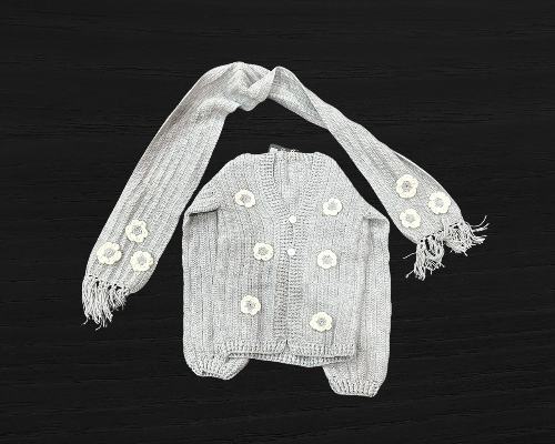 Handmade Grey Knitted Women’s Cardigan & Muffler Set with Floral Embroidery - Image 3
