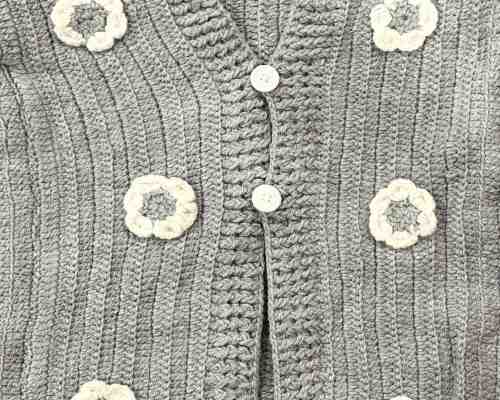 Handmade Grey Knitted Women’s Cardigan & Muffler Set with Floral Embroidery - Image 4