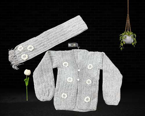 Handmade Grey Knitted Women’s Cardigan & Muffler Set with Floral Embroidery - Image 5