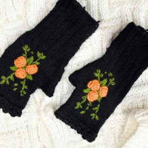 Handmade Crochet Black Gloves with Embroidery