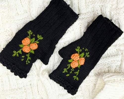 Handmade Crochet Black Gloves with Embroidery