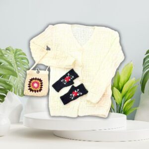 Hand-Knitted White Wool Cardigan with Black Floral Gloves – Elegant Winter Set