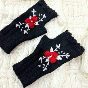 Handmade Crochet Black Gloves with Red Embroidery