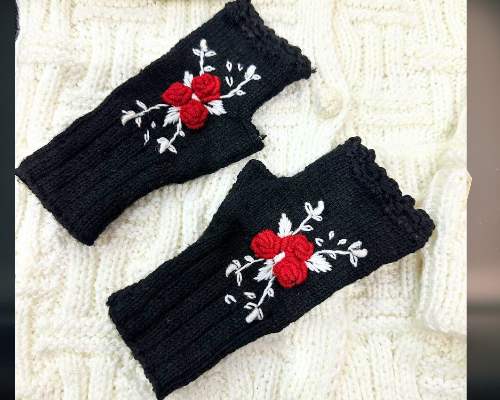 Handmade Crochet Black Gloves with Red Embroidery