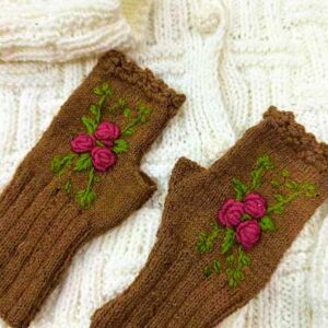 Handmade Crochet Brown Gloves with Embroidery