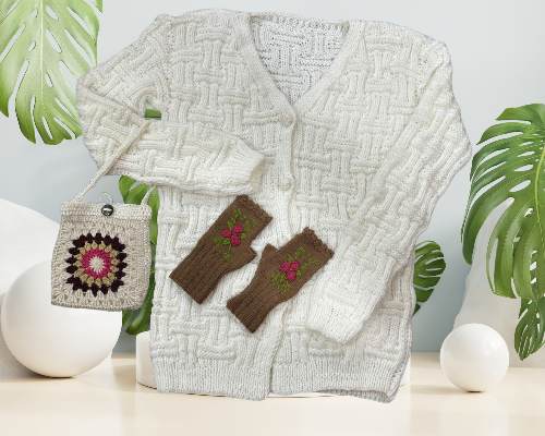 Hand-Knitted White Wool Cardigan – Elegant Winter Set