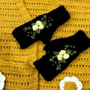 Handmade Crochet Black Gloves with White Embroidery