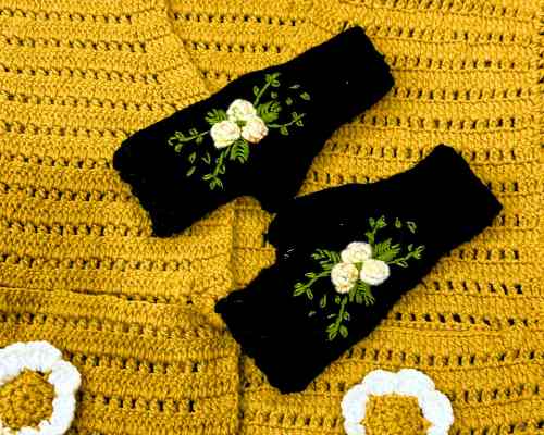 Handmade Crochet Black Gloves with White Embroidery