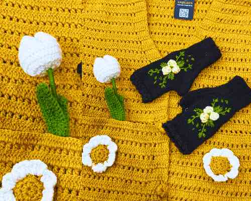 Handmade Crochet Black Gloves with White Embroidery - Image 2