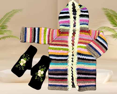 Handmade Crochet Black Gloves with White Embroidery - Image 3