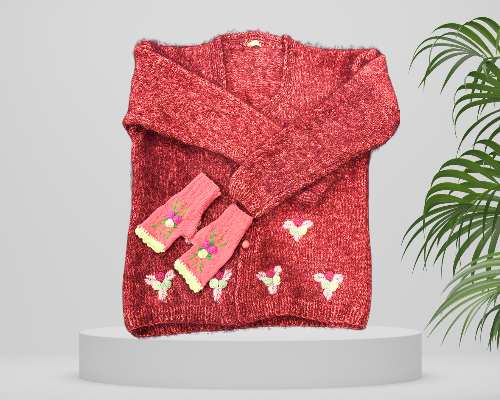 Old Rose Hand-Knitted Cardigan for Women – Elegant & Cozy Winter Wear - Image 5